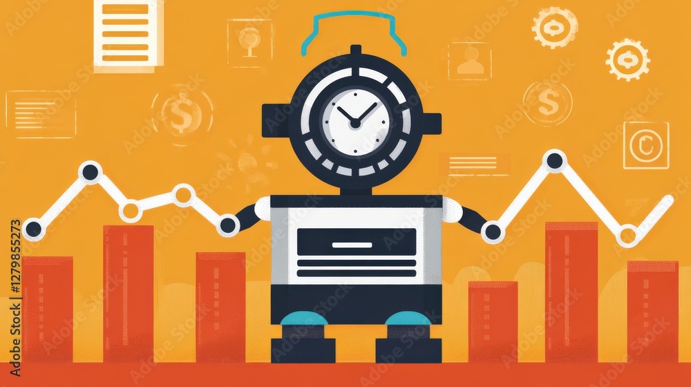 Poster a robotic figure analyzing data trends with graphs and icons in a vibrant, tech-themed background
