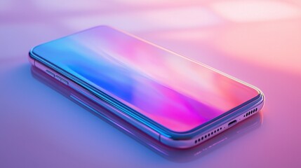 Modern smartphone with colorful abstract screen on a reflective surface