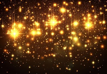 Naklejka premium Glimmering Gold Stars on a Dark Night Sky, Sparkling Light Particles Creating a Magical and Dreamy Atmosphere for Celebrations and Events
