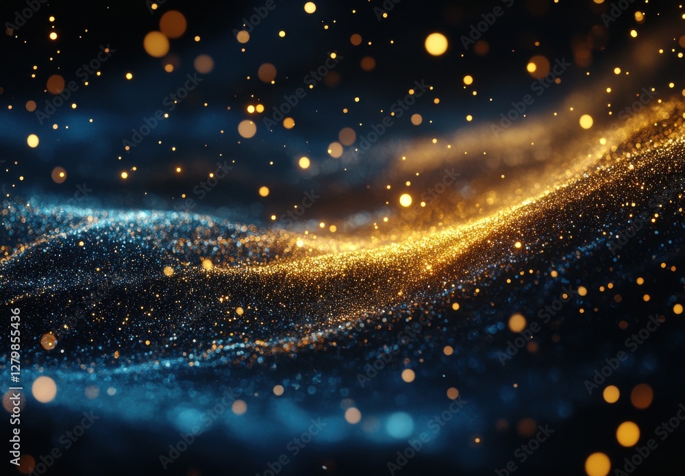Poster glimmering golden and blue particles create a dreamy abstract background with waves of light and spa