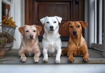 Three Adorable Dogs Sitting Together on Front Porch Steps
