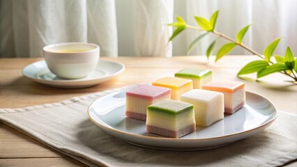 A delightful array of pastel-colored confectionery squares rests on an elegant plate, accompanied by a cup of tea, creating a serene and inviting moment of simple pleasure.