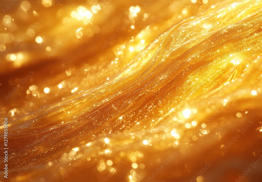 Poster glimmering golden waves under bright light with sparkles creating an enchanting atmosphere of light 