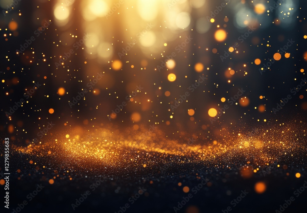 Poster glimmering particles of light in a dreamy forest setting with warm tones and bokeh effect creating a