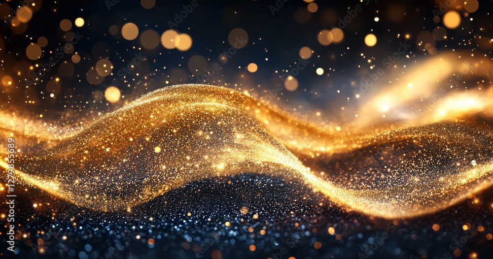 Poster Glimmering Golden Waves of Light and Sparkles in a Dark Background for Use in Abstract Designs and Creative Projects