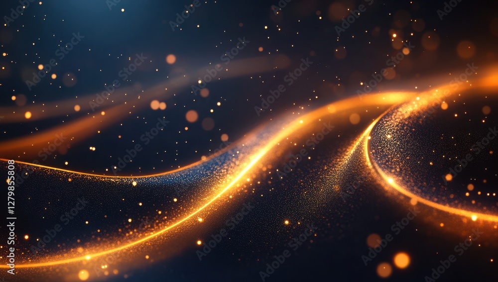 Poster glimmering waves of light with particles creating a dynamic background for abstract designs and mode