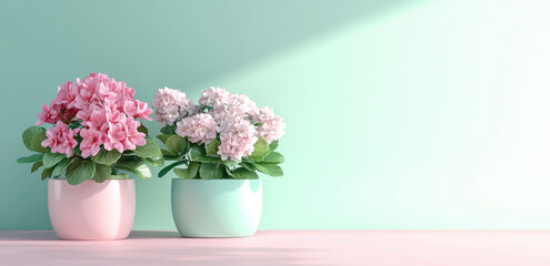 Fototapeta premium Two potted flowers in pastel colors on a soft surface against a light background.