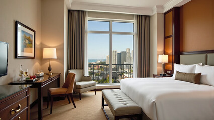 Fototapeta premium A luxurious hotel room with a stunning city view and elegant furnishings.