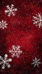 Sparkling snowflakes float gracefully on a dark red winter background