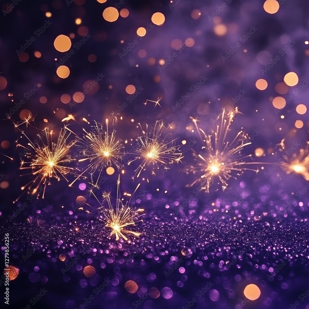 Poster glittering sparklers creating beautiful patterns in the night sky over a purple glitter background w