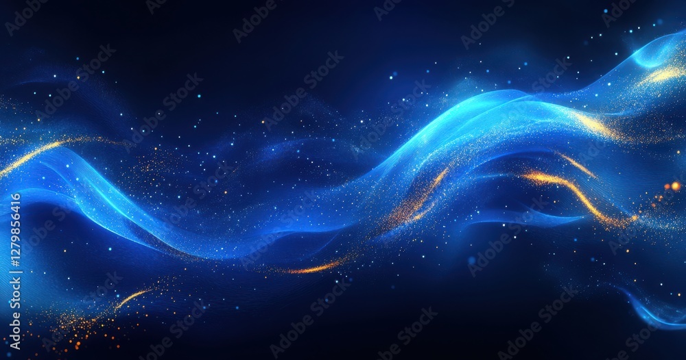 Poster glowing blue and gold waves with stars on dark background capturing light and motion in a digital ab