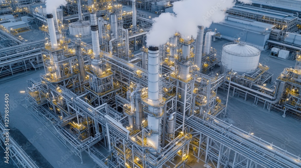 Poster aerial view of a large industrial refinery complex at night, showcasing intricate pipework and illum