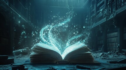 Obraz premium An open book emits glowing energy in a dark and mysterious library setting full of books