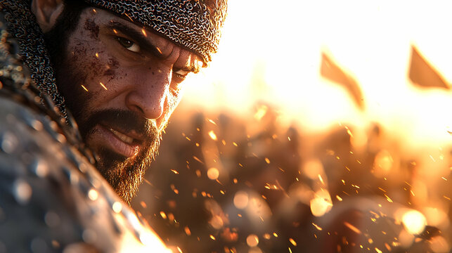 Fierce warrior amidst a desert battle, sunset backdrop; historical action scene, ideal for game art or fantasy movie posters