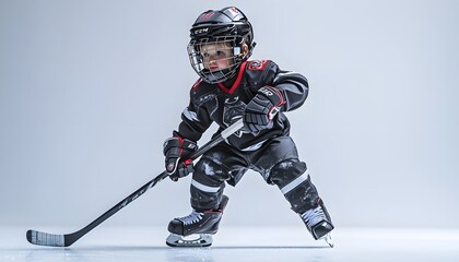 Little boy dressed in hockey gear ready to play
