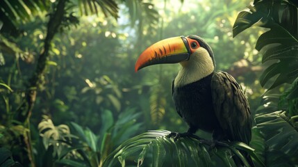 Fototapeta premium Colorful Toucan in Lush Green Rainforest