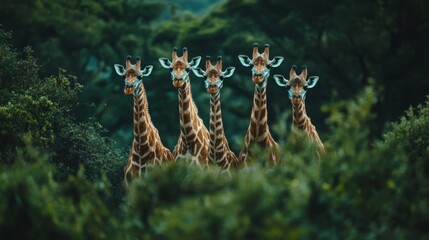 Five Giraffes in Lush Green African Savanna