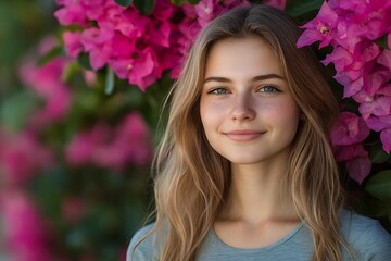 Fototapeta premium Smiling girl, bougainvillea flowers, outdoor portrait