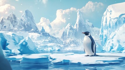 Obraz premium Penguin on Ice in Antarctic Landscape