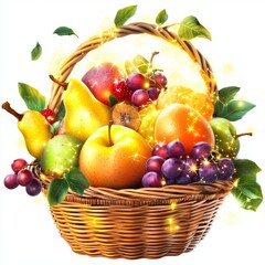 Vibrant Basket of Fresh Fruits with Sparkling Effects Displayed on a Bright Background for Seasonal Promotion