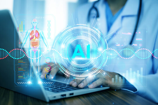 Artificial intelligence revolutionizing healthcare, as a medical professional interacts with a futuristic AI interface displaying anatomy and genetic analysis