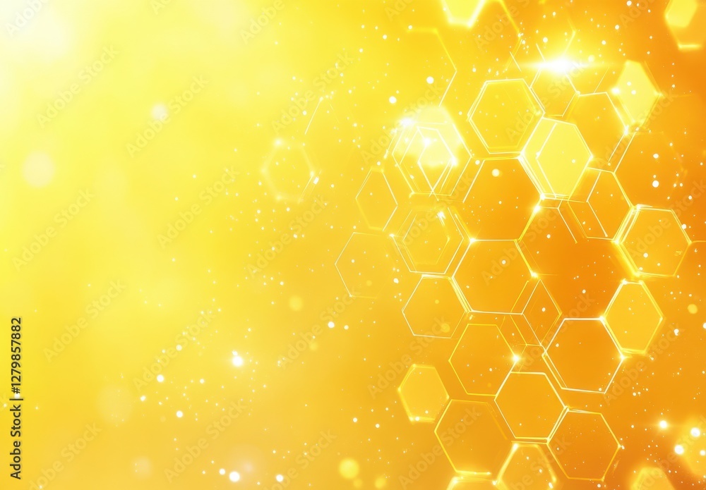 Poster golden hexagonal pattern with sparkling lights and soft glow background for bright and vibrant desig