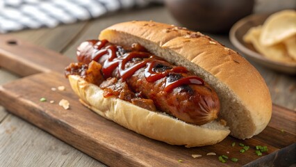 Hot Dog Delight: A mouthwatering hot dog, complete with a juicy sausage and delectable toppings, rests invitingly on a rustic wooden cutting board, accompanied by crunchy chips.