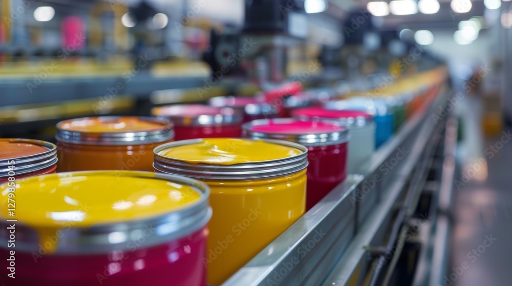 Poster various vibrant paint cans are lined up along a conveyor belt in a busy manufacturing facility. this