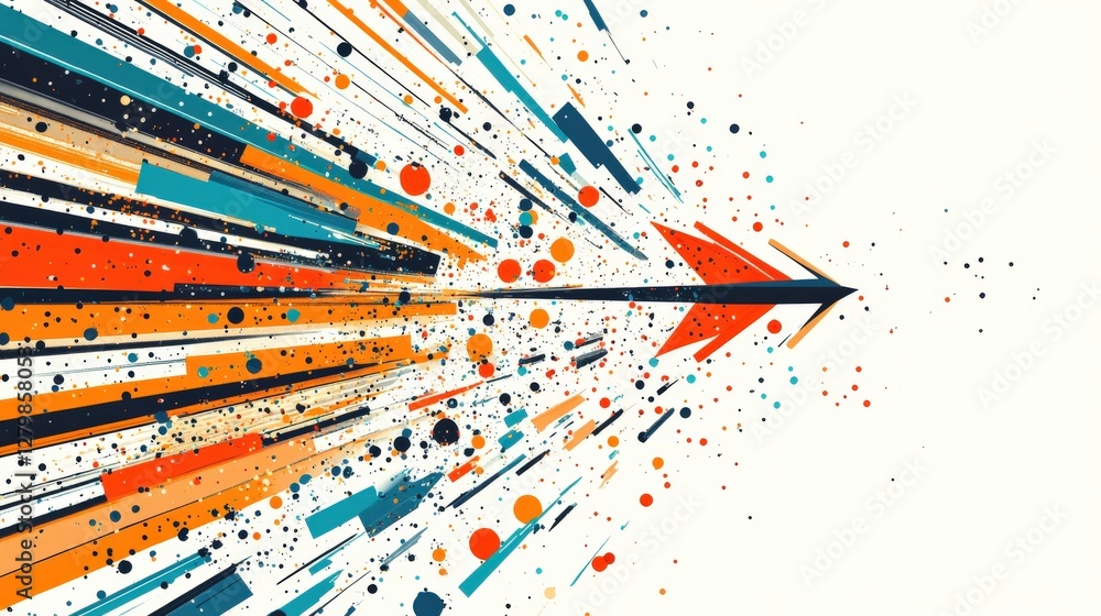 Poster abstract illustration of an arrow in motion, surrounded by vibrant lines and dots representing speed