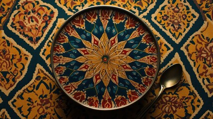 Naklejka premium Ornate Plate on a richly patterned Tablecloth