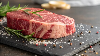 Fototapeta premium A Culinary Masterpiece: A juicy, raw steak, perfectly marbled, rests on a dark slate, adorned with aromatic rosemary, coarse salt, and peppercorns. Evoking the anticipation of a gourmet meal.