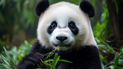 Obraz premium Closeup of a Fluffy Panda Eating Bamboo in a Lush Green Forest