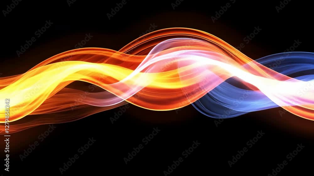 Poster dynamic abstract waves of vibrant orange and blue light intertwining against dark background, creati