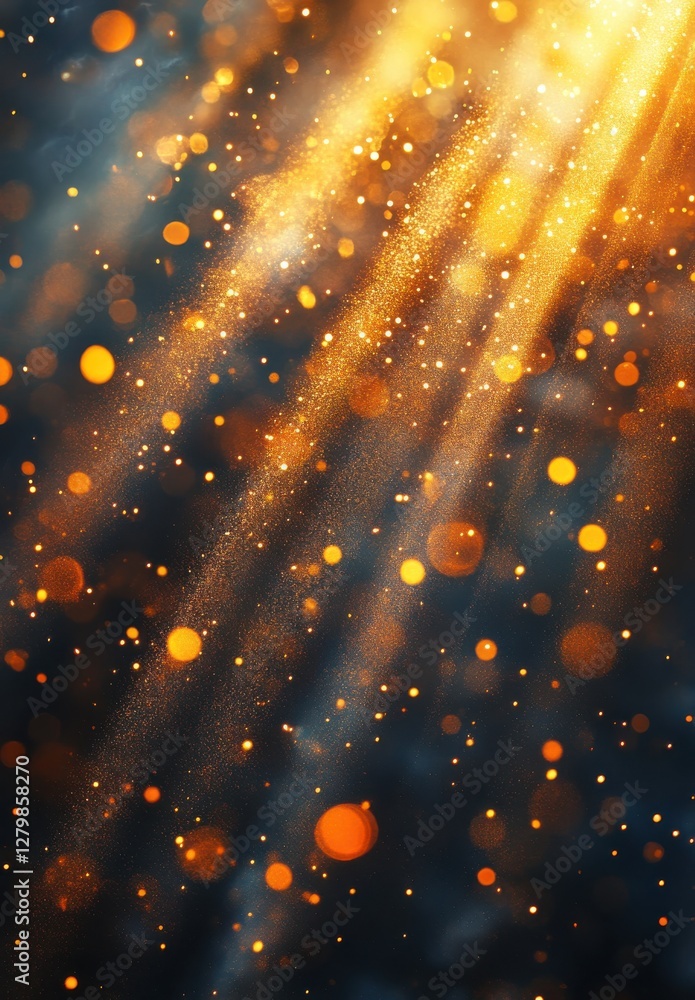 Poster golden rays of light create a magical bokeh effect in the atmosphere with sparkling dust and glowing