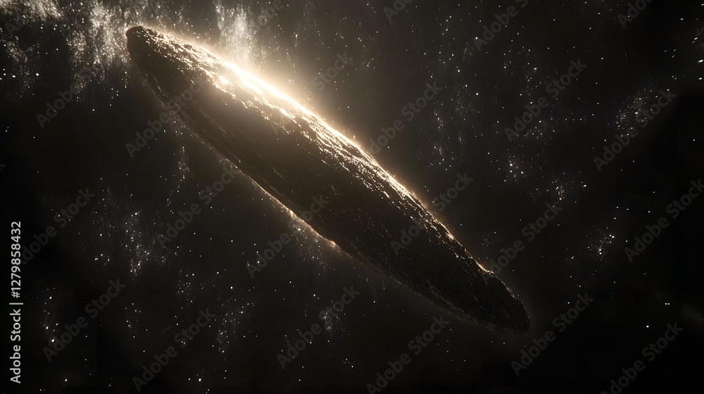 Poster a breathtaking image of a long, dark interstellar object, possibly an asteroid or comet, glowing wit