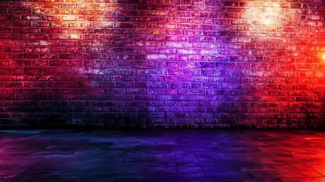 Vibrant brick wall illuminated by colorful lights in a creative urban space for artistic events