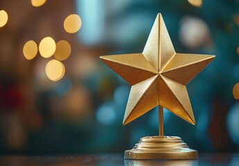 Golden star trophy displayed on a wooden table with a blurred bokeh background, perfect for awards, celebrations, and recognition themes in photography.