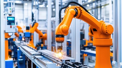 Modern industrial robotic arm welding metal sparks in factory. Automated manufacturing process.