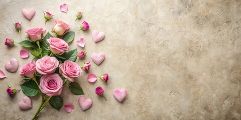 Romantic floral arrangement with pink roses and decorative hearts on a textured background