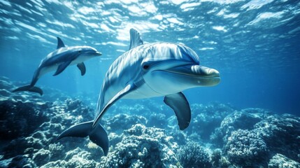 Fototapeta premium Two Dolphins Swimming Near Coral Reef Underwater
