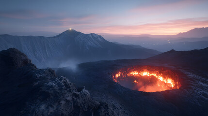 Epic sunset view of a volcanic crater glowing with fiery lava, overlooking a mountain range under a twilight sky. Breathtaking landscape photography.