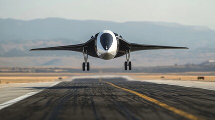 Experimental aircraft taking off, runway, hills in background. Possible stock photo use