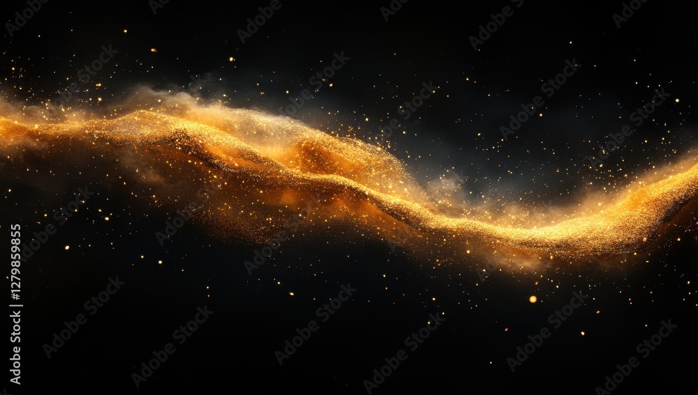 Poster golden wave of shimmering particles in dark space creating a mystical and enchanting cosmic atmosphe