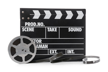 Movie clapper with film reel on white background