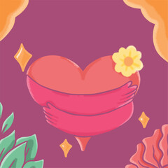 vector illustration of a heart with flowers and Hug hand