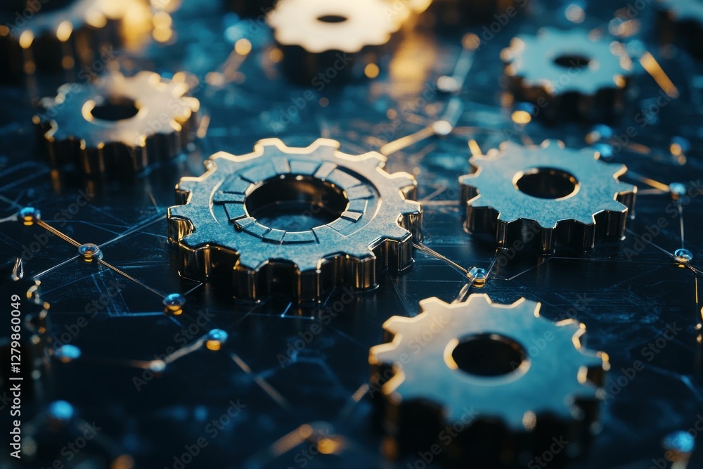 Poster close up of metallic gears on a circuit board, representing technology, innovation, and machinery in