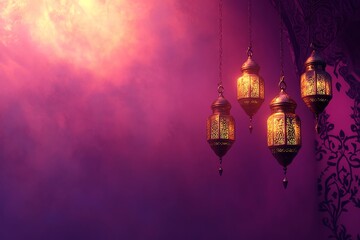 Obraz premium banner for ramadhan , Ornate Islamic hanging lamps glow with golden light on a gradient pink , purple-to-gold background, perfect for festive Ramadan messages and designs.