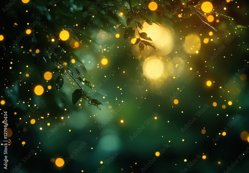 Poster magical bokeh effect with glowing particles and leaves in a serene forest setting at dusk, evoking a