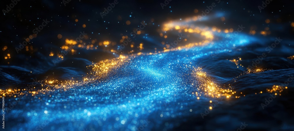 Poster magical flowing river of light with sparkling particles under a dark starry night sky creating a dre
