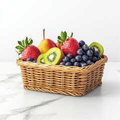 Fresh and Vibrant Fruit Basket with Strawberries, Blueberries, Kiwis, Pears, and Grapes on a Light Marble Surface